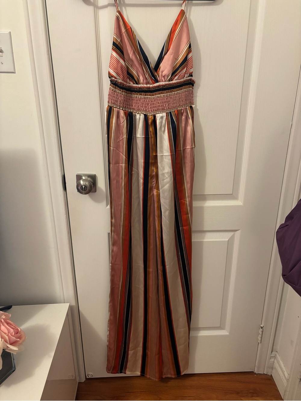 Guess Striped Satin Maxi Jumpsuit in Pink, Orange, Navy & Cream